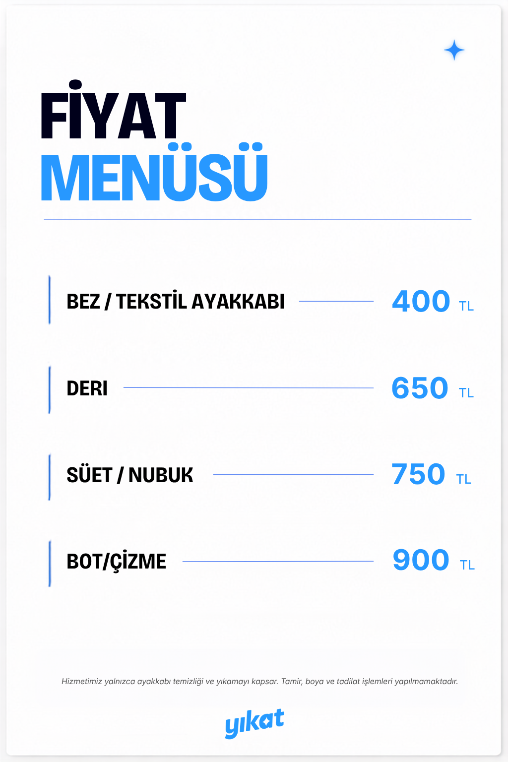 yıkat fiyat menüsü